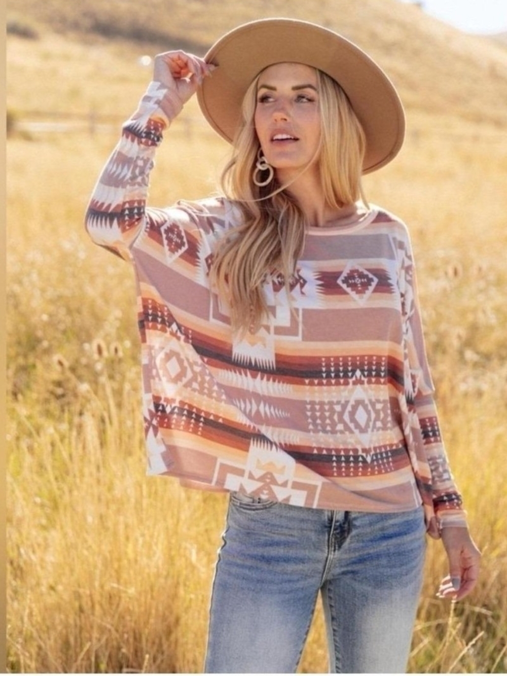 Savanna Jane Aztec-Print Long Sleeve Top Southwestern Boho Women Small